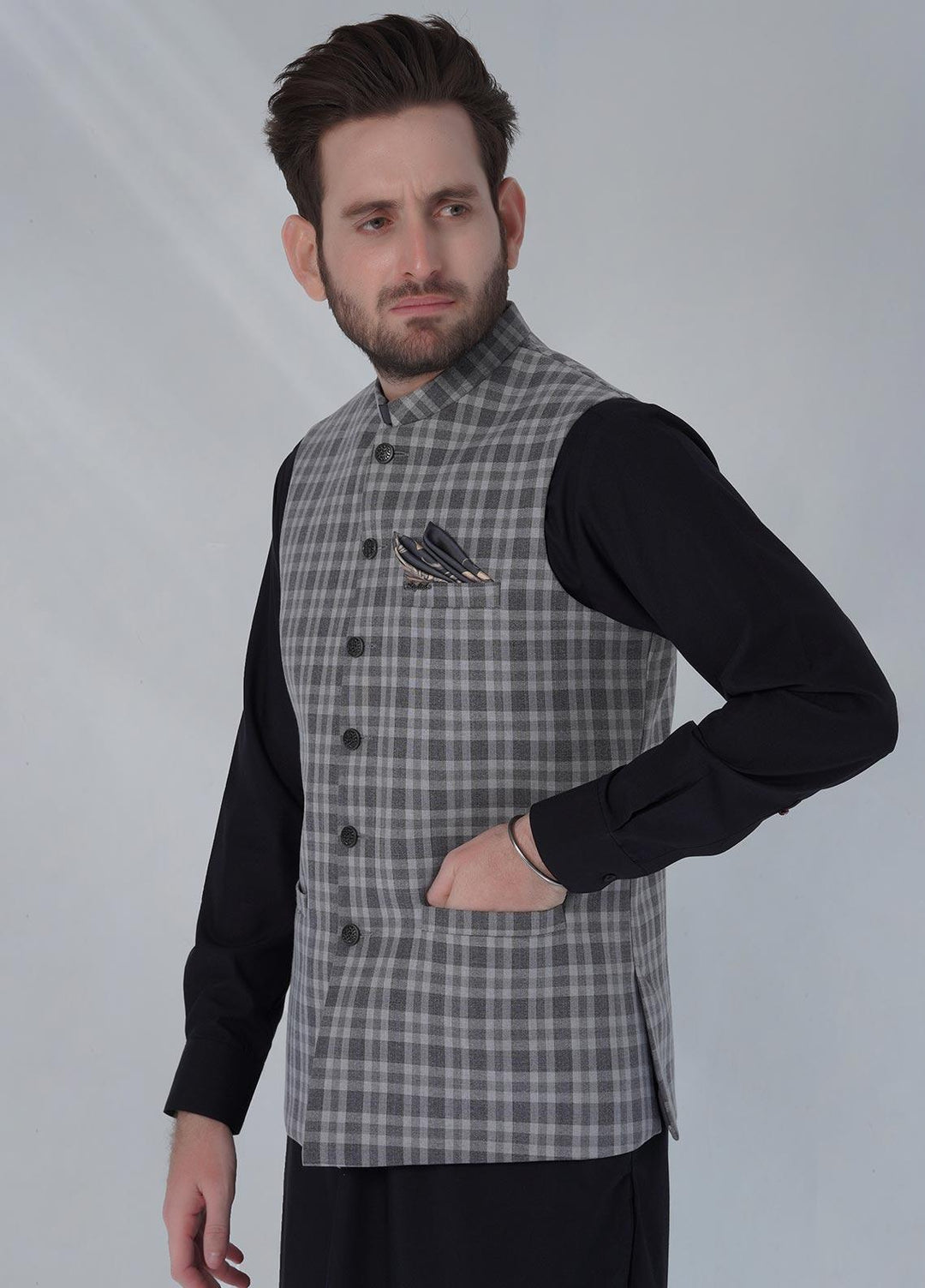Sanaulla Exclusive Range Cotton Formal Waistcoat for Men -  W-1173 Grey Black