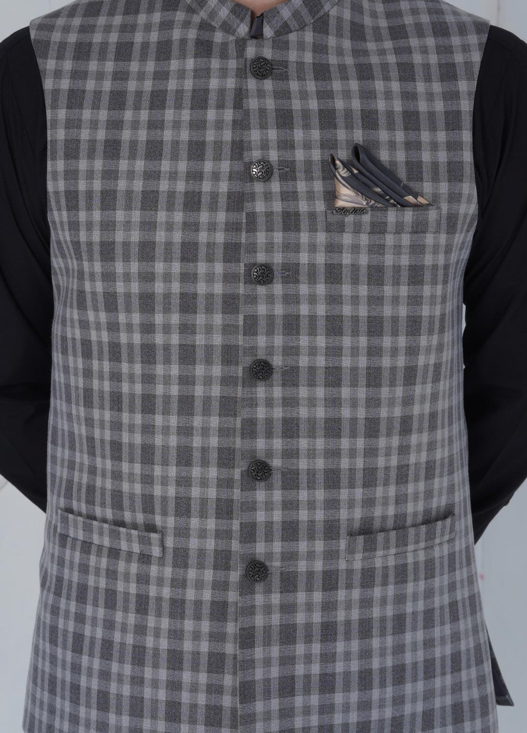Sanaulla Exclusive Range Cotton Formal Waistcoat for Men -  W-1173 Grey Black