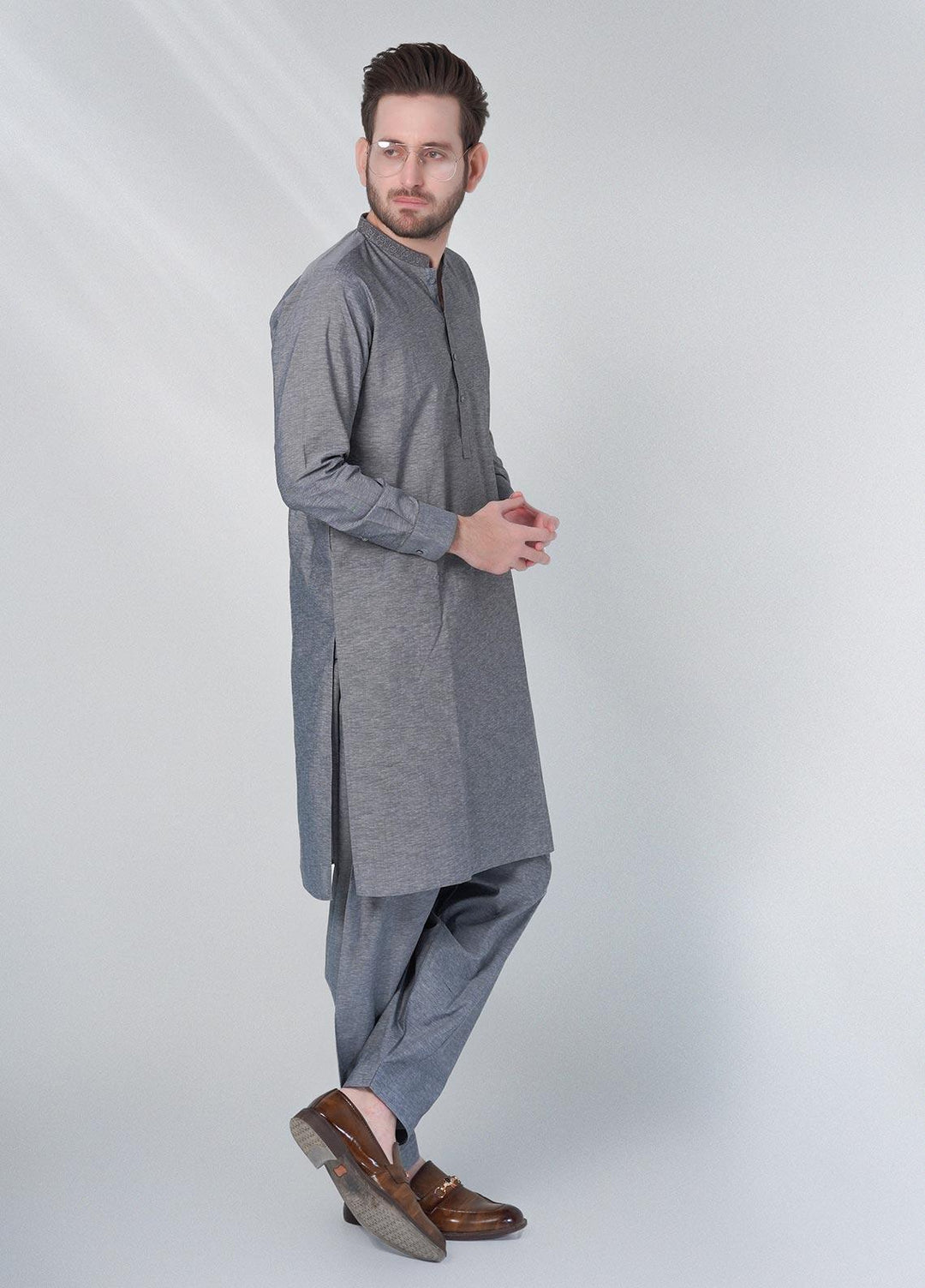 Sanaulla Exclusive Range Cotton Formal Shalwar Kameez for Men -  C-9155 Grey