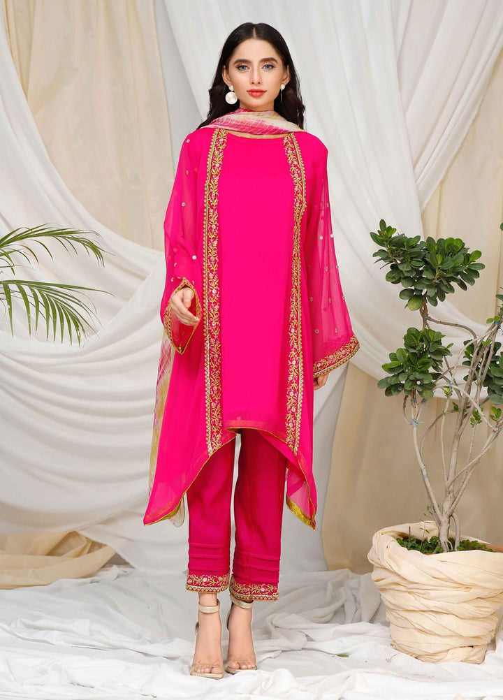 Modest Ready to Wear  Raw Silk 3 Piece Nazakat W78-Hot Pink