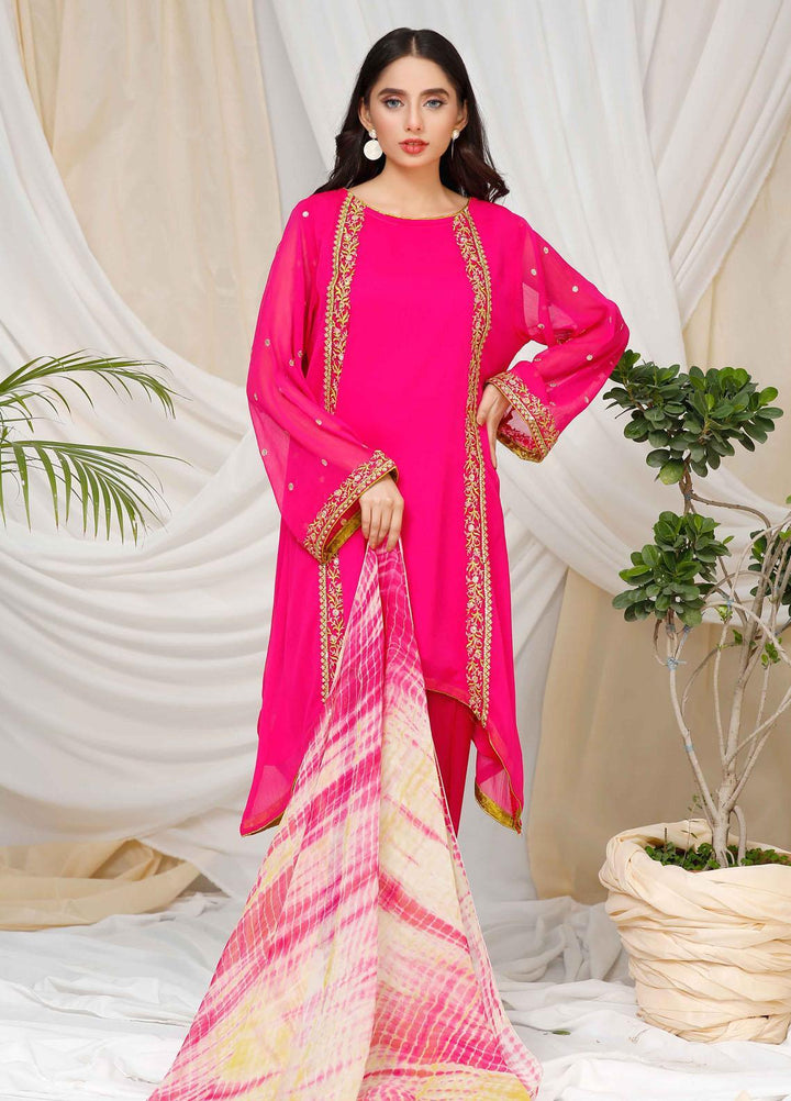 Modest Ready to Wear  Raw Silk 3 Piece Nazakat W78-Hot Pink