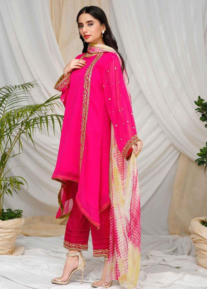 Modest Ready to Wear  Raw Silk 3 Piece Nazakat W78-Hot Pink