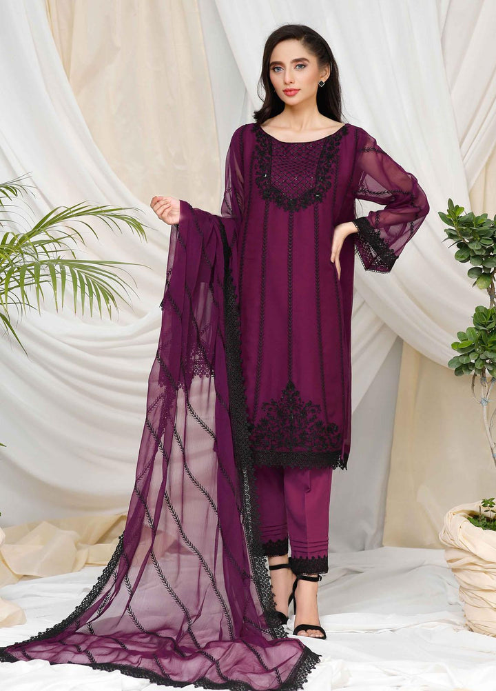 Modest Ready to Wear  Chiffon 3 Piece Deedar W100-Purple