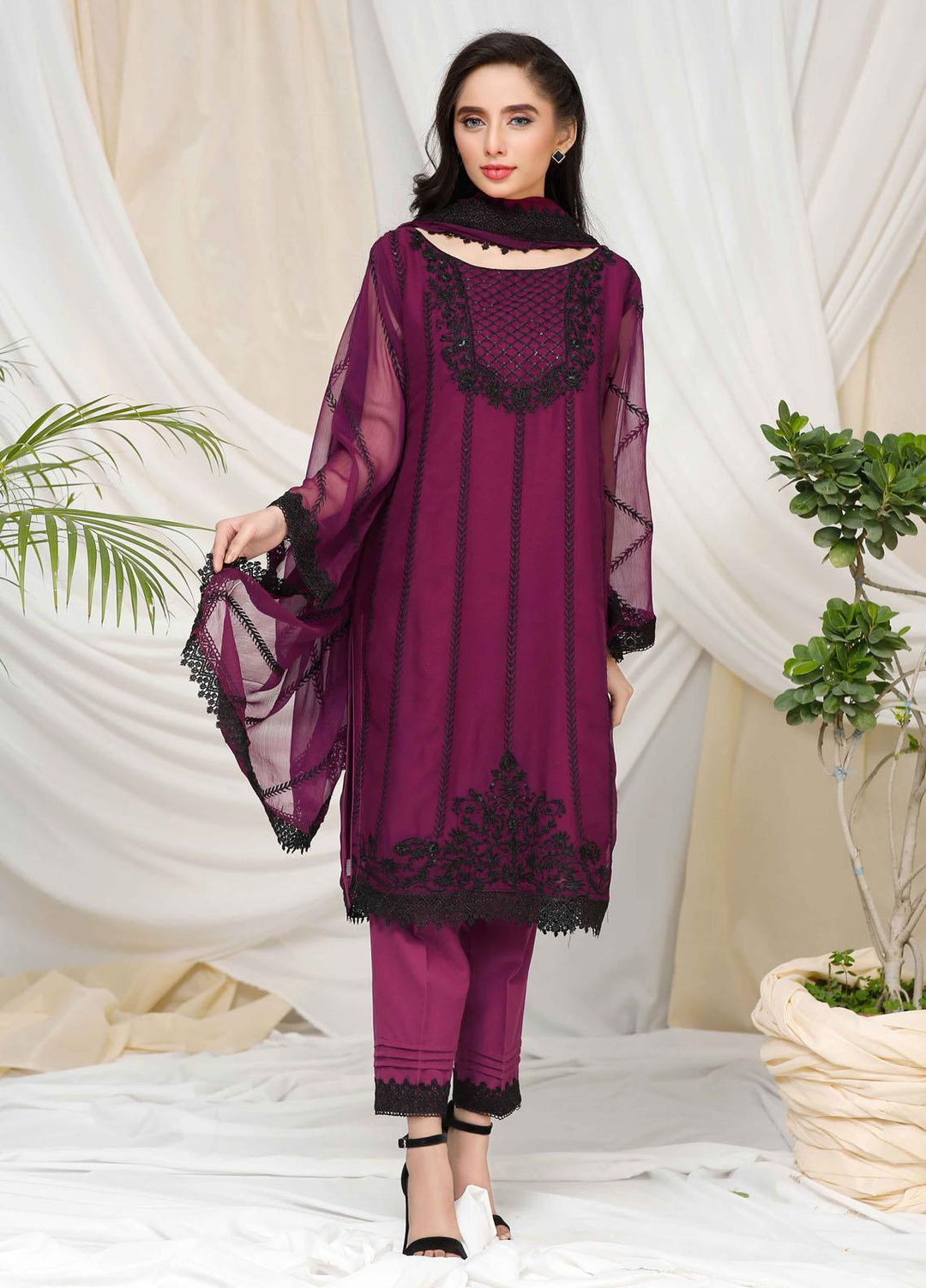 Modest Ready to Wear  Chiffon 3 Piece Deedar W100-Purple