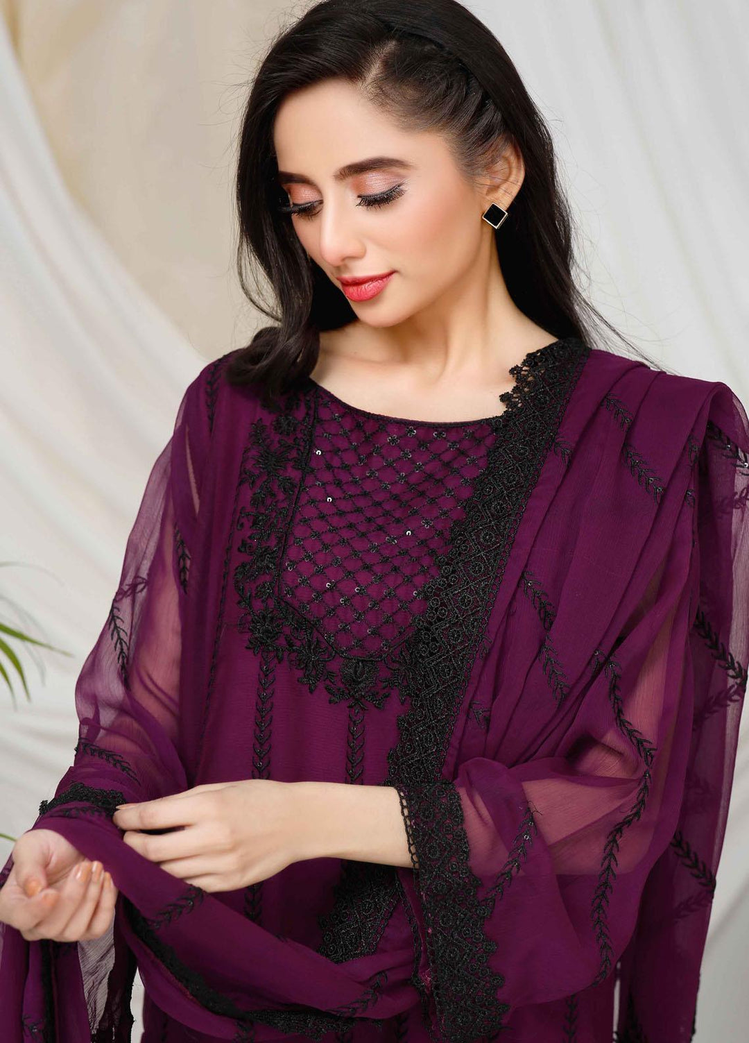 Modest Ready to Wear  Chiffon 3 Piece Deedar W100-Purple