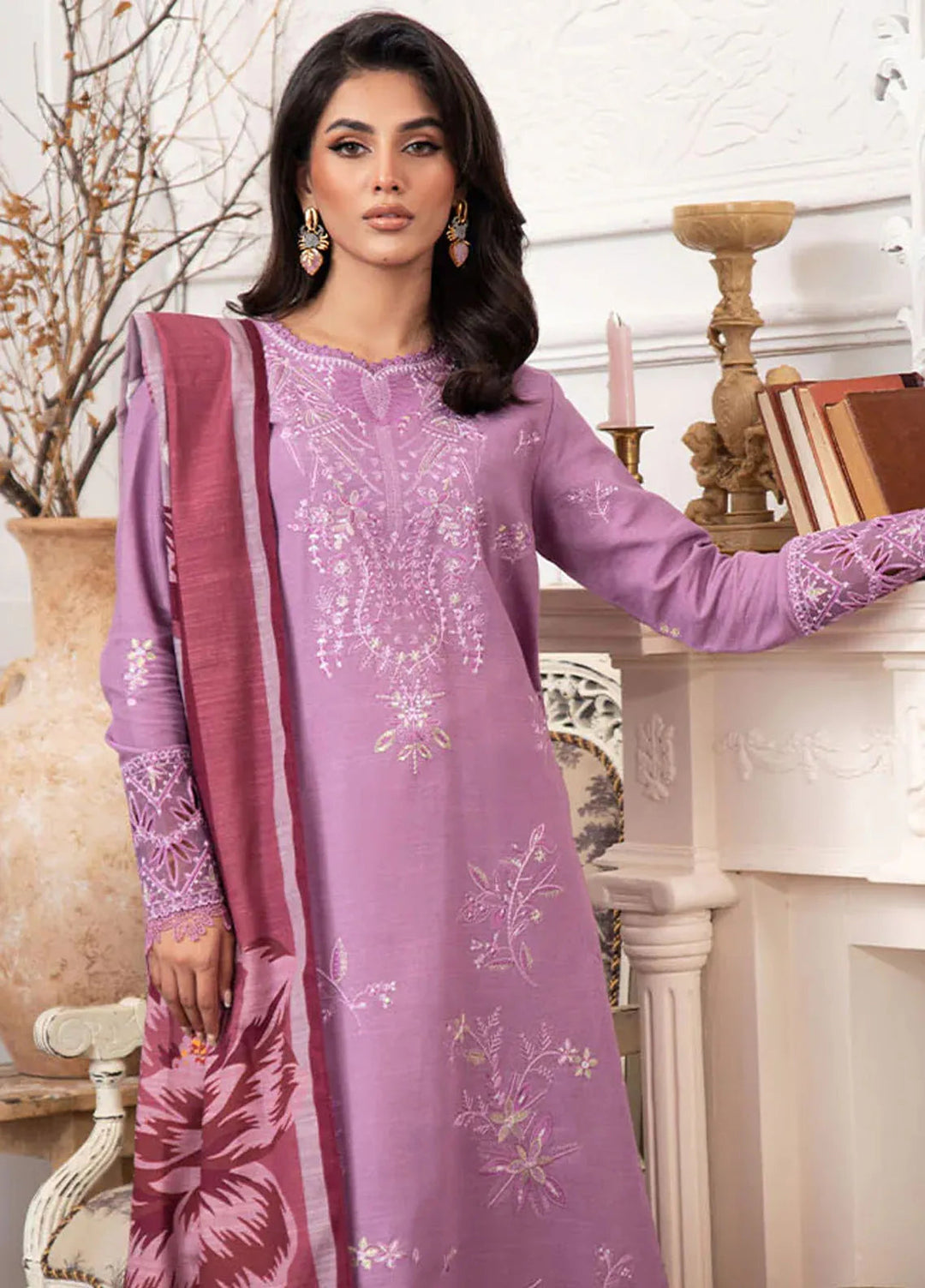 Meraki By Roheenaz Embroidered Khaddar Suit Unstitched 3 Piece ENZ24M RNZ-06A Mauve - Winter Collection