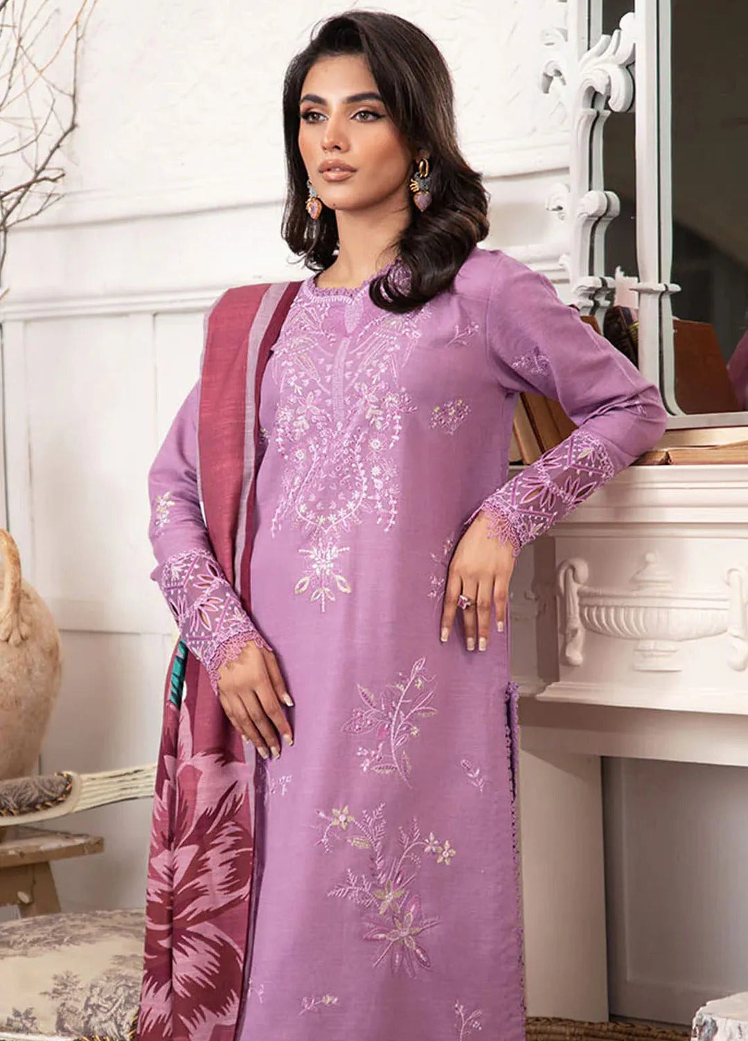 Meraki By Roheenaz Embroidered Khaddar Suit Unstitched 3 Piece ENZ24M RNZ-06A Mauve - Winter Collection