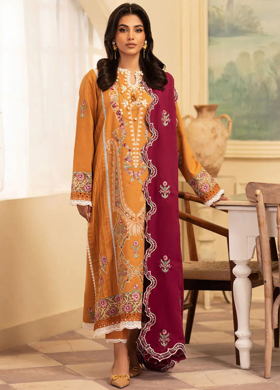 Meraki By Roheenaz Embroidered Khaddar Suit Unstitched 3 Piece ENZ24M RNZ-08B Saffron - Winter Collection