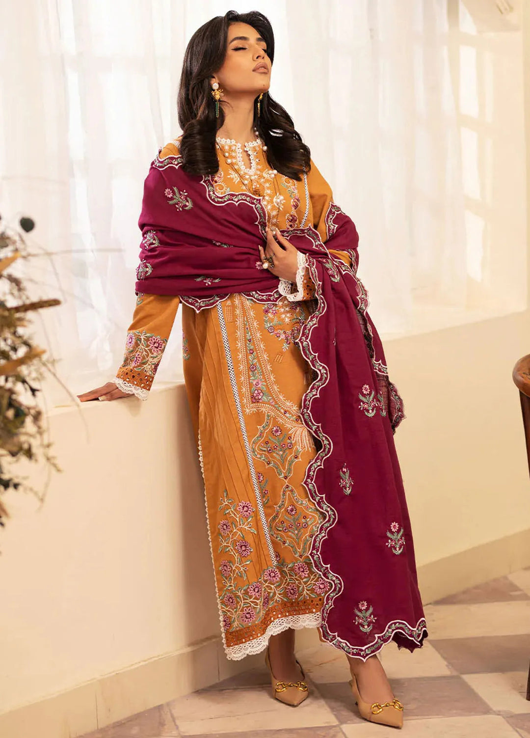 Meraki By Roheenaz Embroidered Khaddar Suit Unstitched 3 Piece ENZ24M RNZ-08B Saffron - Winter Collection