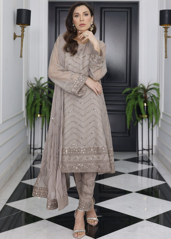 Merakish By Shahzeb Textile Embroidered Net Suit Unstitched 3 Piece MT24ME Lava Gray - Luxury Eid Collection