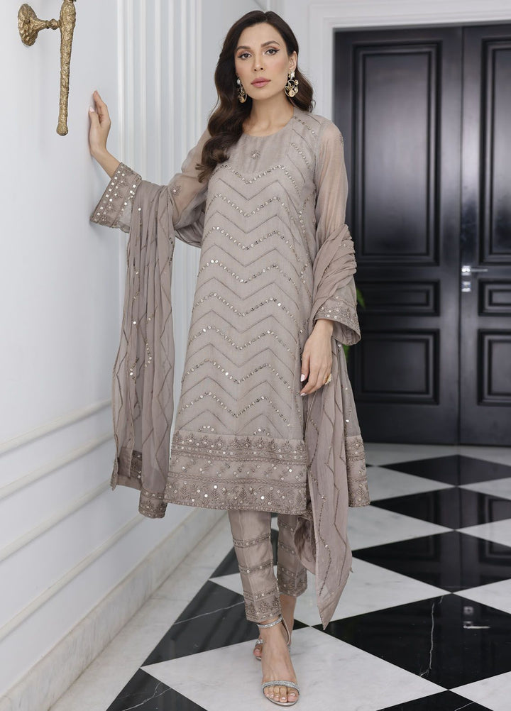Merakish By Shahzeb Textile Embroidered Net Suit Unstitched 3 Piece MT24ME Lava Gray - Luxury Eid Collection