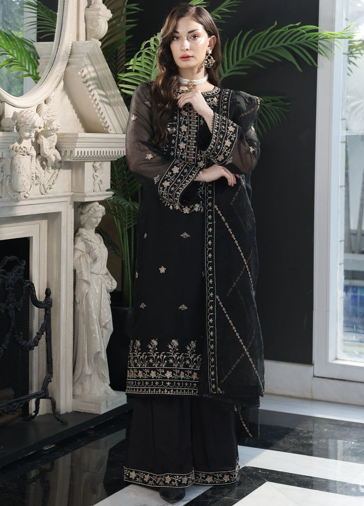 Merakish By Shahzeb Textile Embroidered Net Suit Unstitched 3 Piece MT24ME Midnight Black - Luxury Eid Collection