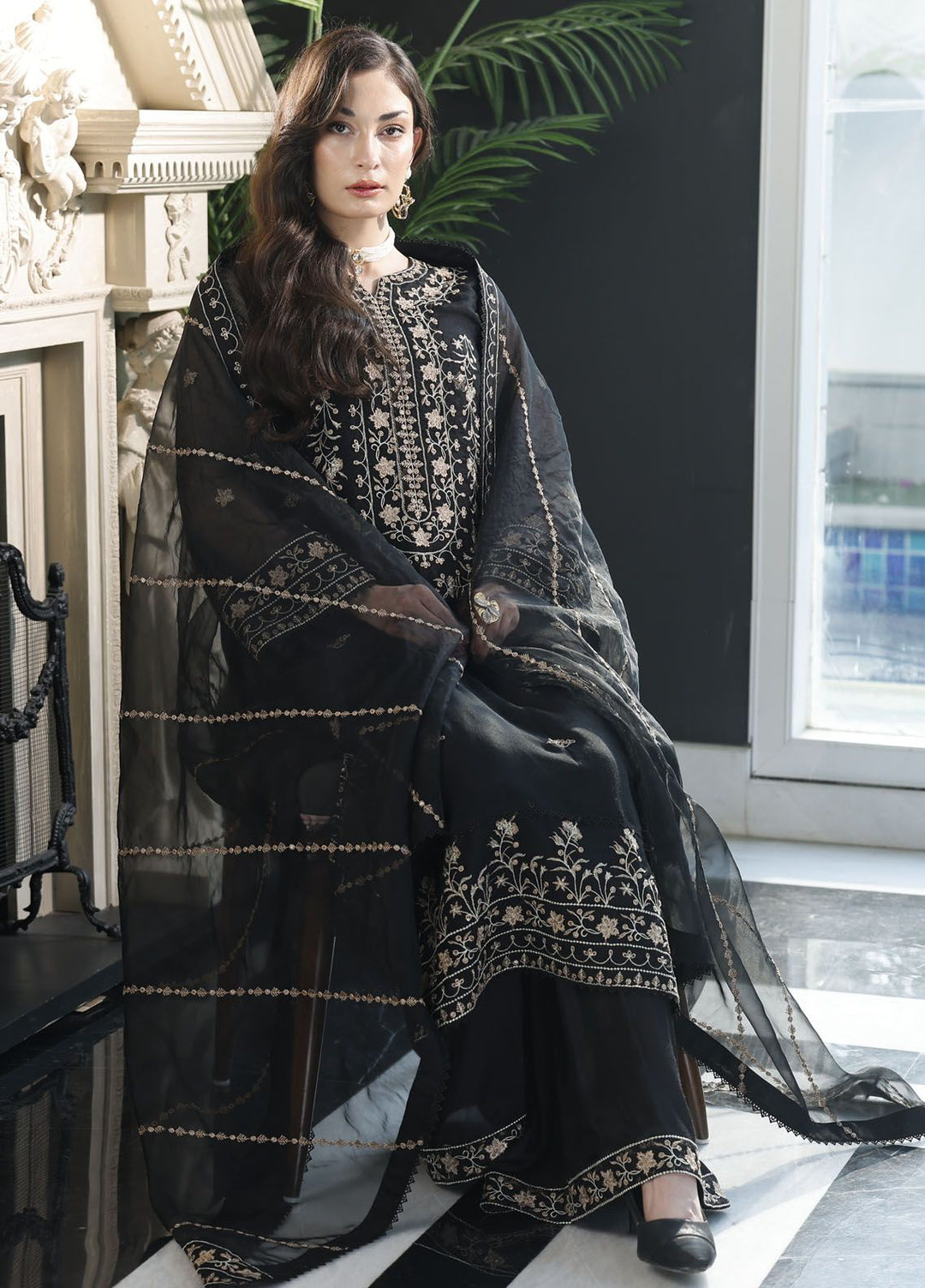 Merakish By Shahzeb Textile Embroidered Net Suit Unstitched 3 Piece MT24ME Midnight Black - Luxury Eid Collection