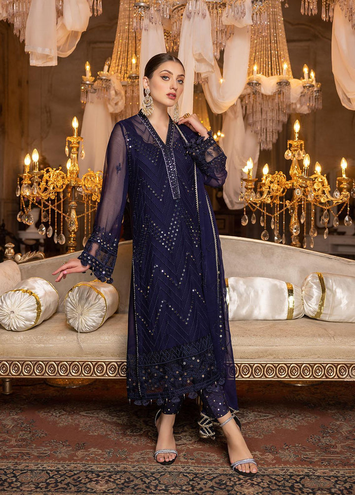 Merakish By Shahzeb Textiles Embroidered Chiffon Suits Unstitched 3 Piece ST22-MK2 D-04 Navy Blue - Luxury Collection