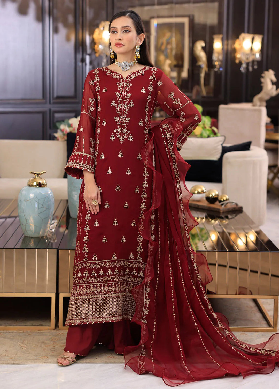 Merakish By Shahzeb Textiles Embroidered Chiffon Suit Unstitched 3 Piece ST24MKT Aesthetic Maroon - Luxury Collection