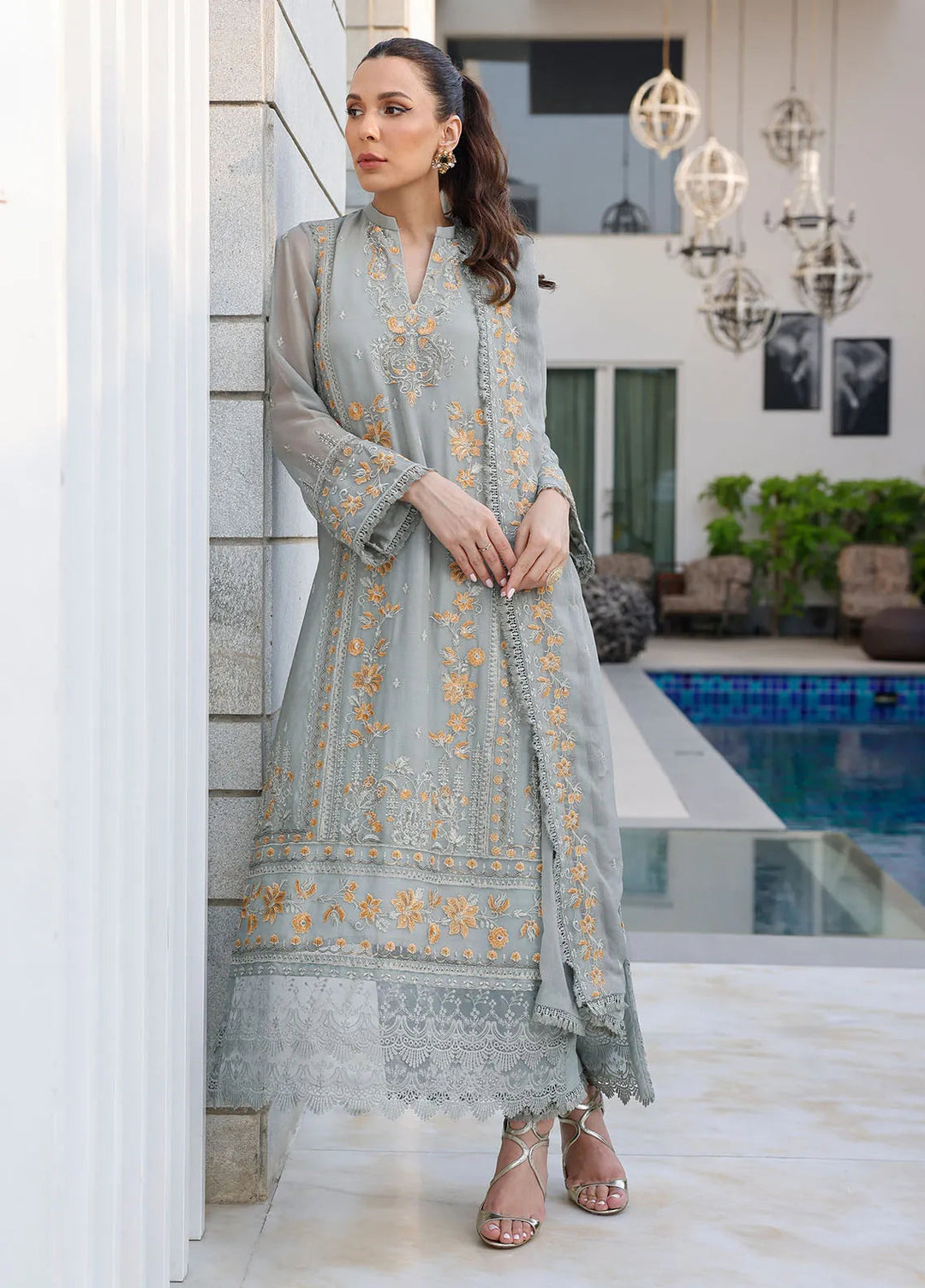 Merakish By Shahzeb Textiles Embroidered Chiffon Suit Unstitched 3 Piece ST24MKT Spanish Gray - Luxury Collection