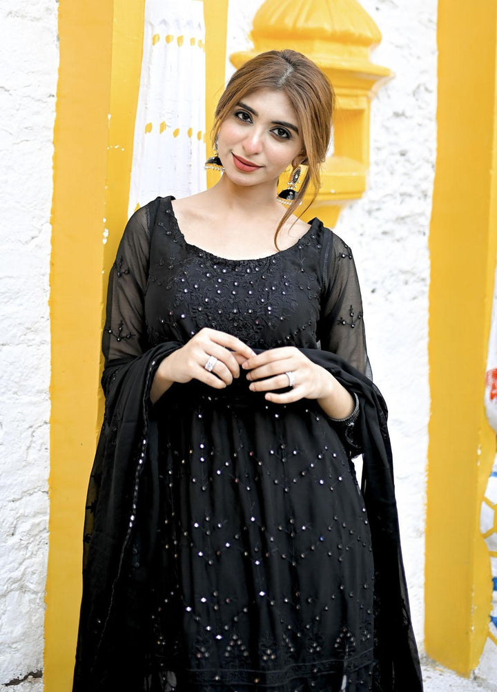 Merakish By Shahzeb Textiles Embroidered Chiffon Suits Unstitched 3 Piece ST22-MK3 Smokey Black - Luxury Collection