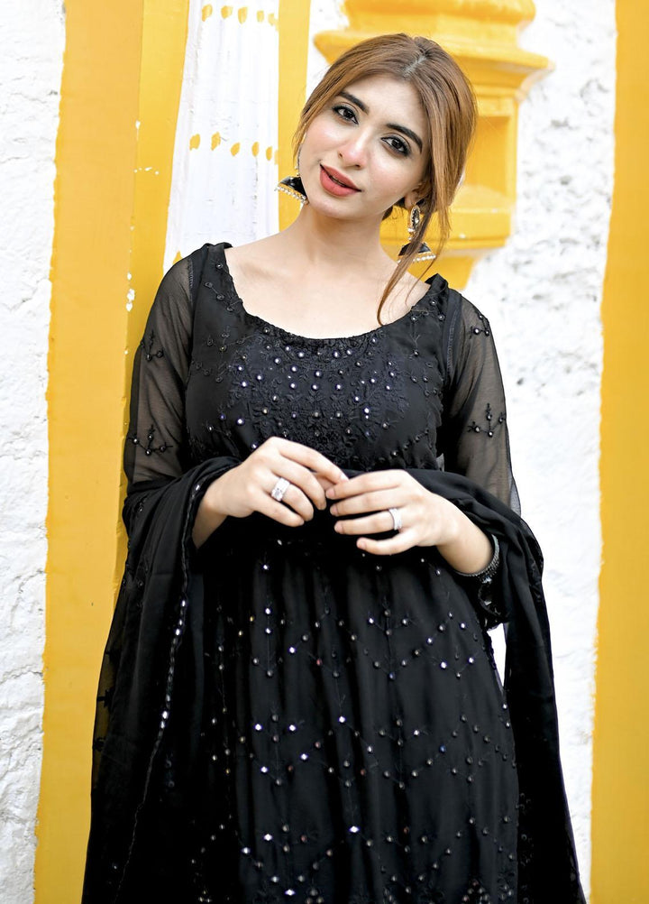 Merakish By Shahzeb Textiles Embroidered Chiffon Suits Unstitched 3 Piece ST22-MK3 Smokey Black - Luxury Collection