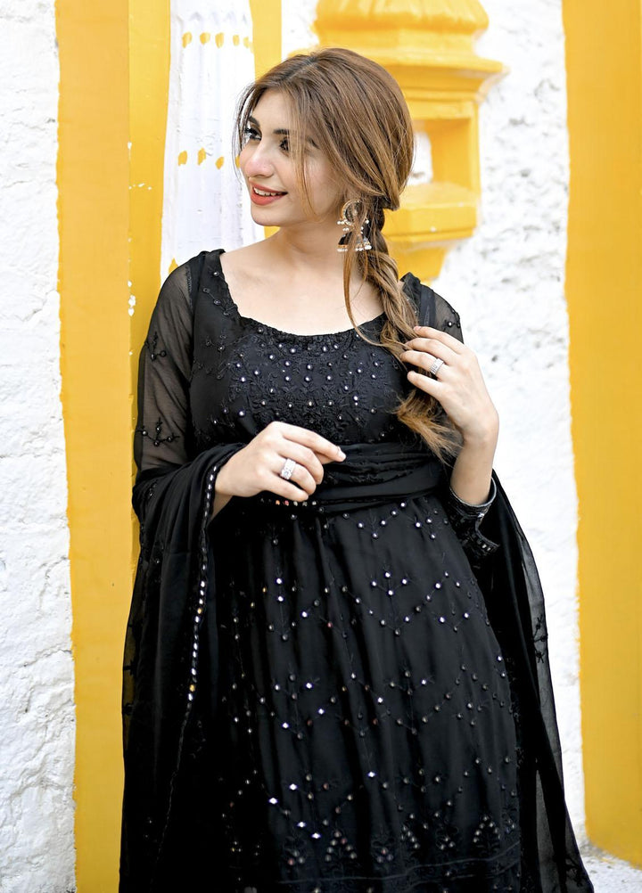 Merakish By Shahzeb Textiles Embroidered Chiffon Suits Unstitched 3 Piece ST22-MK3 Smokey Black - Luxury Collection