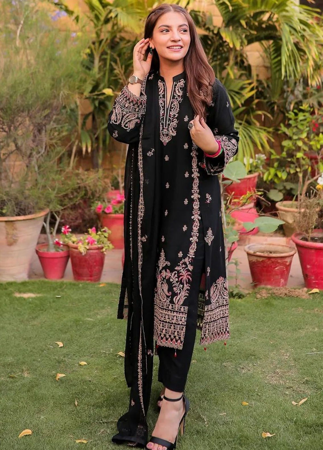 Merakish By Shahzeb Textiles Embroidered Chiffon Suits Unstitched 3 Piece ST23MKULC Rich Black - Luxury Collection