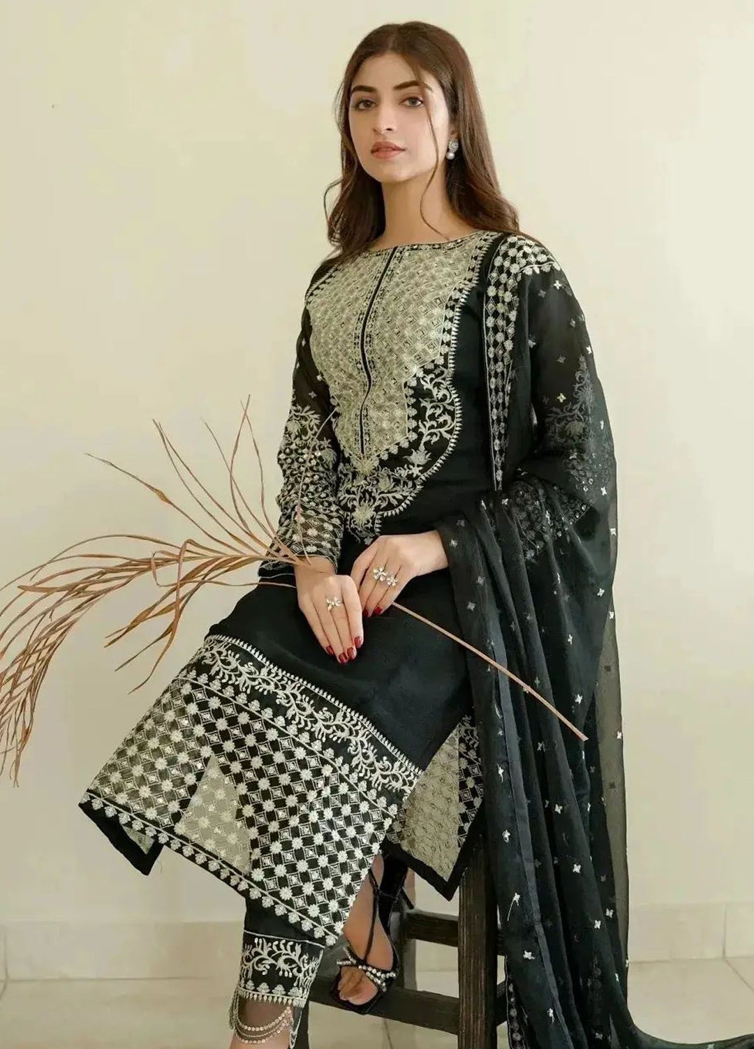 Merakish By Shahzeb Textiles Embroidered Chiffon Suits Unstitched 3 Piece ST24MK-V10 Charcoal Black - Festive Collection