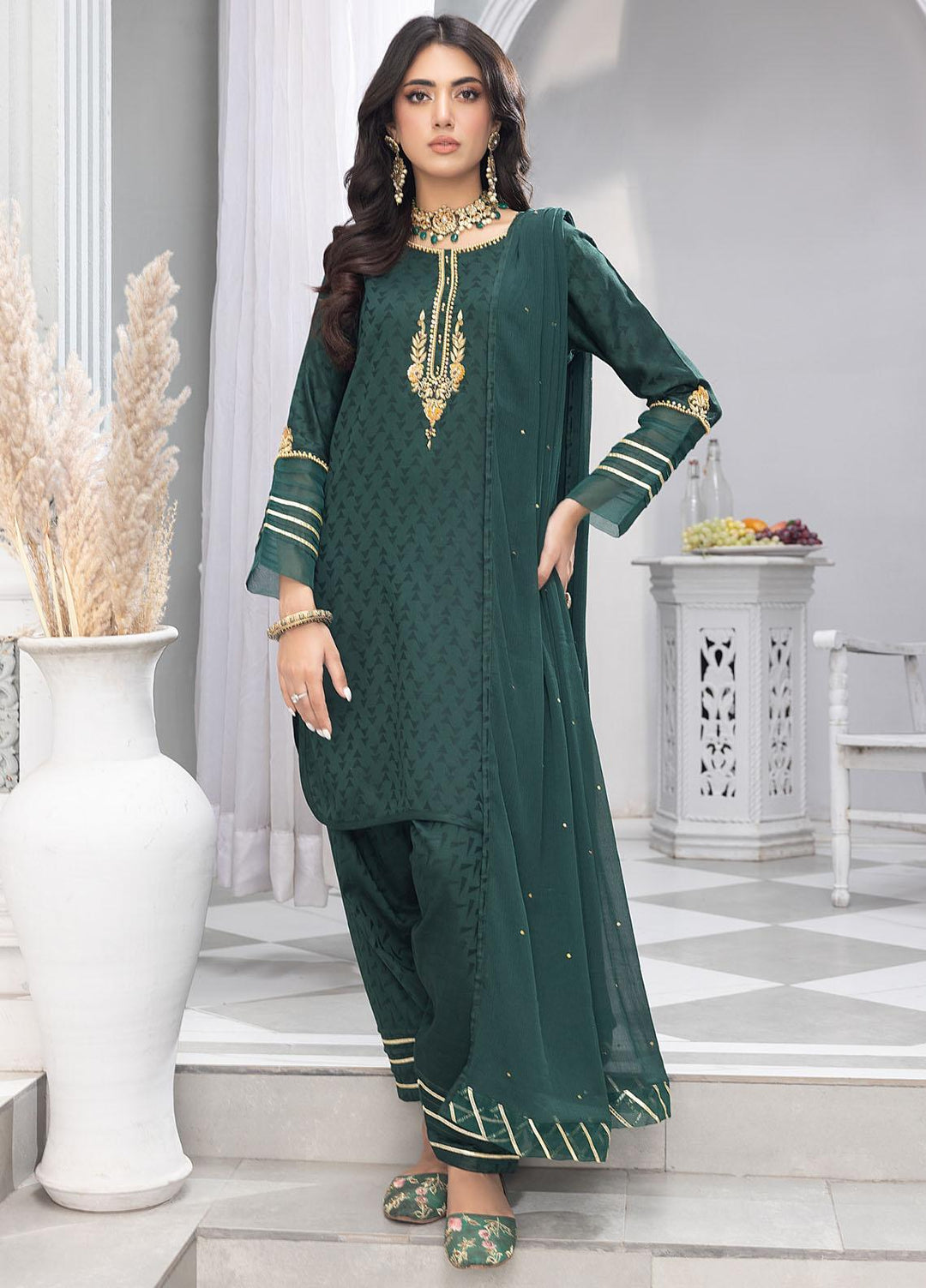Merakish By Shahzeb Textiles Embroidered Jacquard Suits Unstitched 3 Piece ST23MKJ Evergreen - Festive Collection