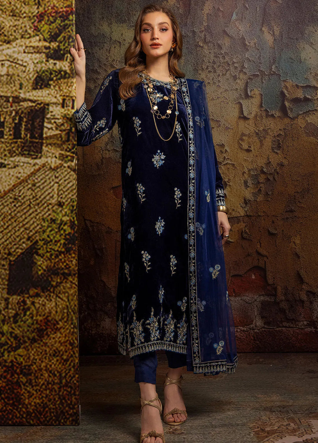 Merakish by Shahzeb Textiles Embroidered Velvet Suit Unstitched 3 Piece ST24MV Admiral Blue - Luxury Collection