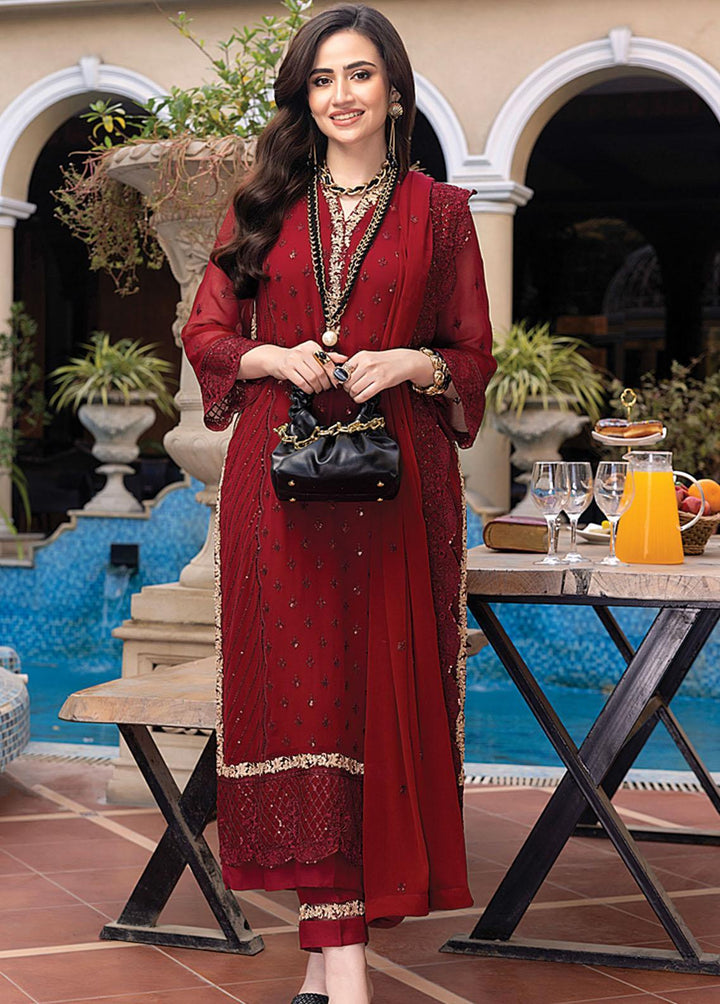 Merakish By Shahzeb Textiles Embroidered Chiffon Suits Unstitched 3 Piece ST23MK Scarlet - Luxury Collection