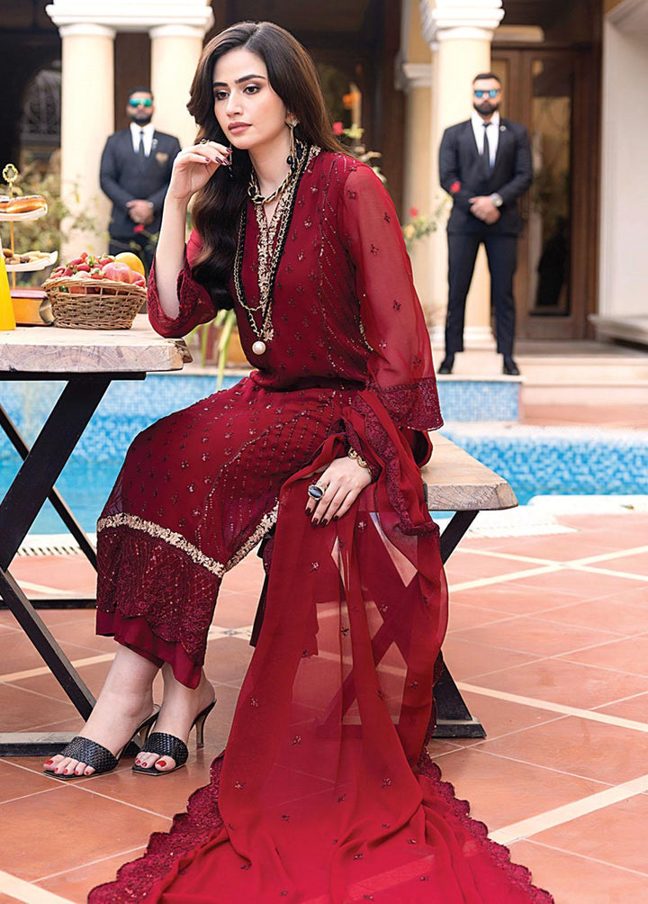 Merakish By Shahzeb Textiles Embroidered Chiffon Suits Unstitched 3 Piece ST23MK Scarlet - Luxury Collection