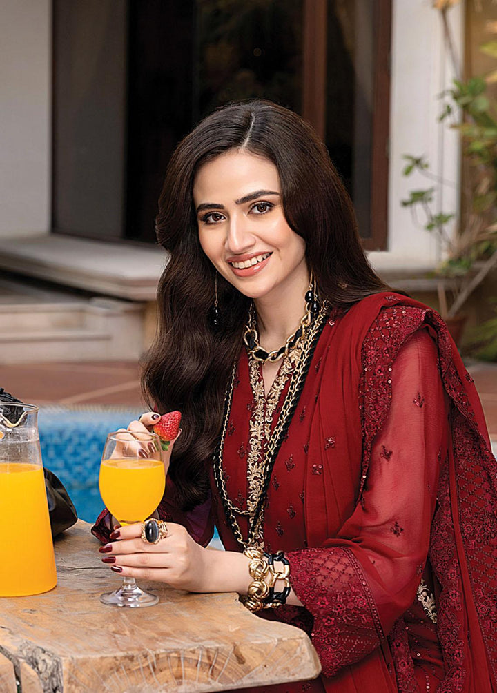 Merakish By Shahzeb Textiles Embroidered Chiffon Suits Unstitched 3 Piece ST23MK Scarlet - Luxury Collection