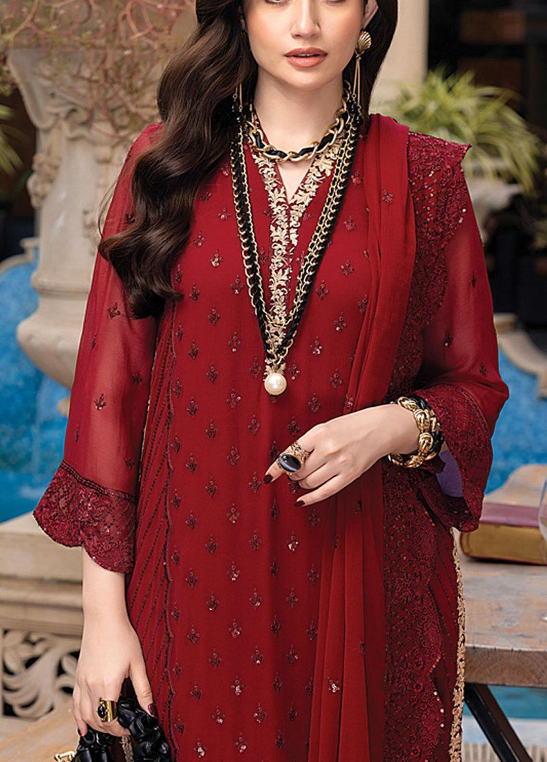 Merakish By Shahzeb Textiles Embroidered Chiffon Suits Unstitched 3 Piece ST23MK Scarlet - Luxury Collection