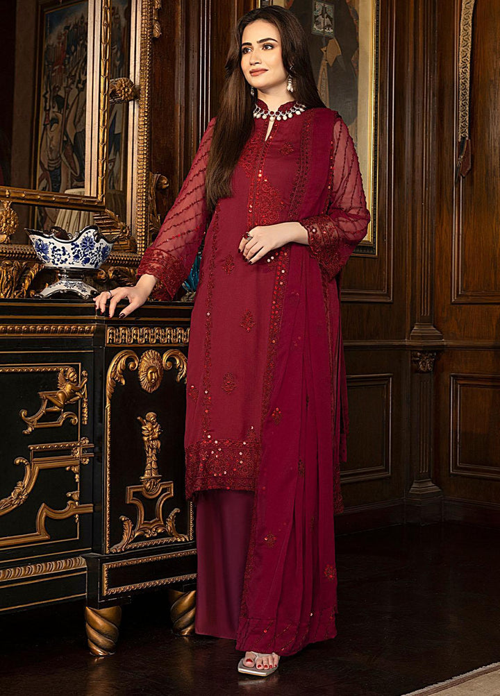 Merakish By Shahzeb Textiles Embroidered Chiffon Suits Unstitched 3 Piece ST23-MK5 01 Cherry Red - Luxury Collection