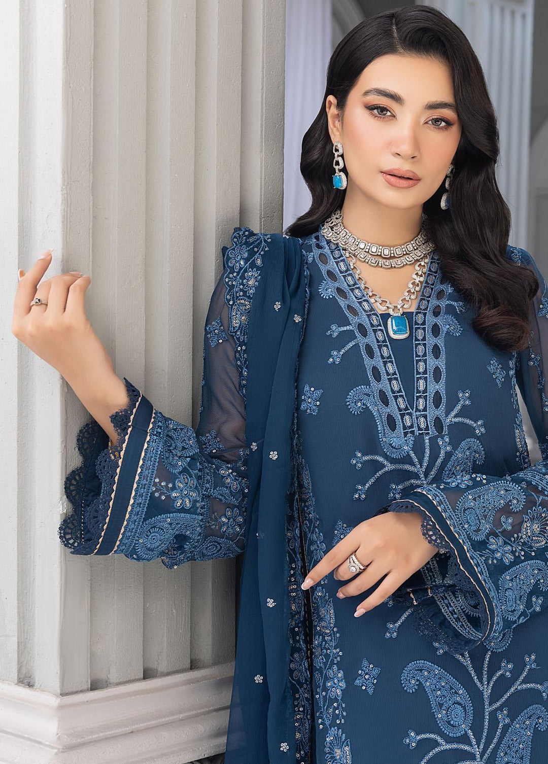 Merakish By Shahzeb Textiles Embroidered Chiffon Suits Unstitched 3 Piece ST23-MK6 Royal Blue - Luxury Collection