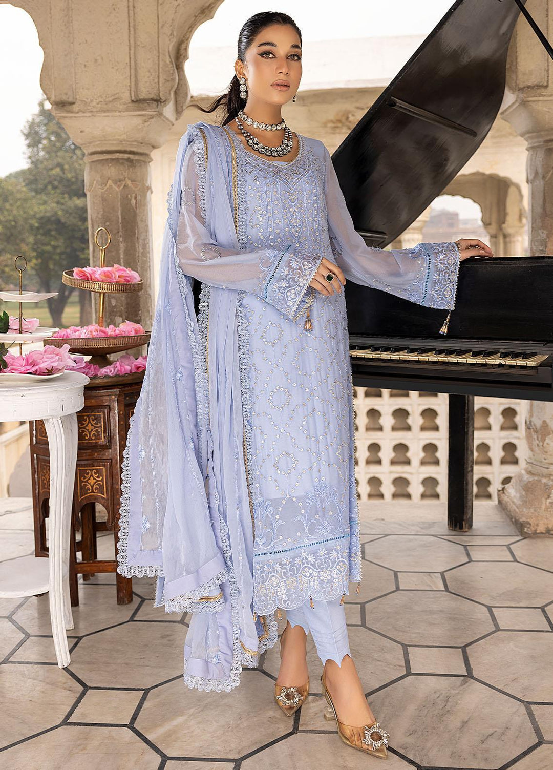 Merakish By Shahzeb Textiles Embroidered Chiffon Suits Unstitched 3 Piece ST22-MK3 Azure Blue - Luxury Collection