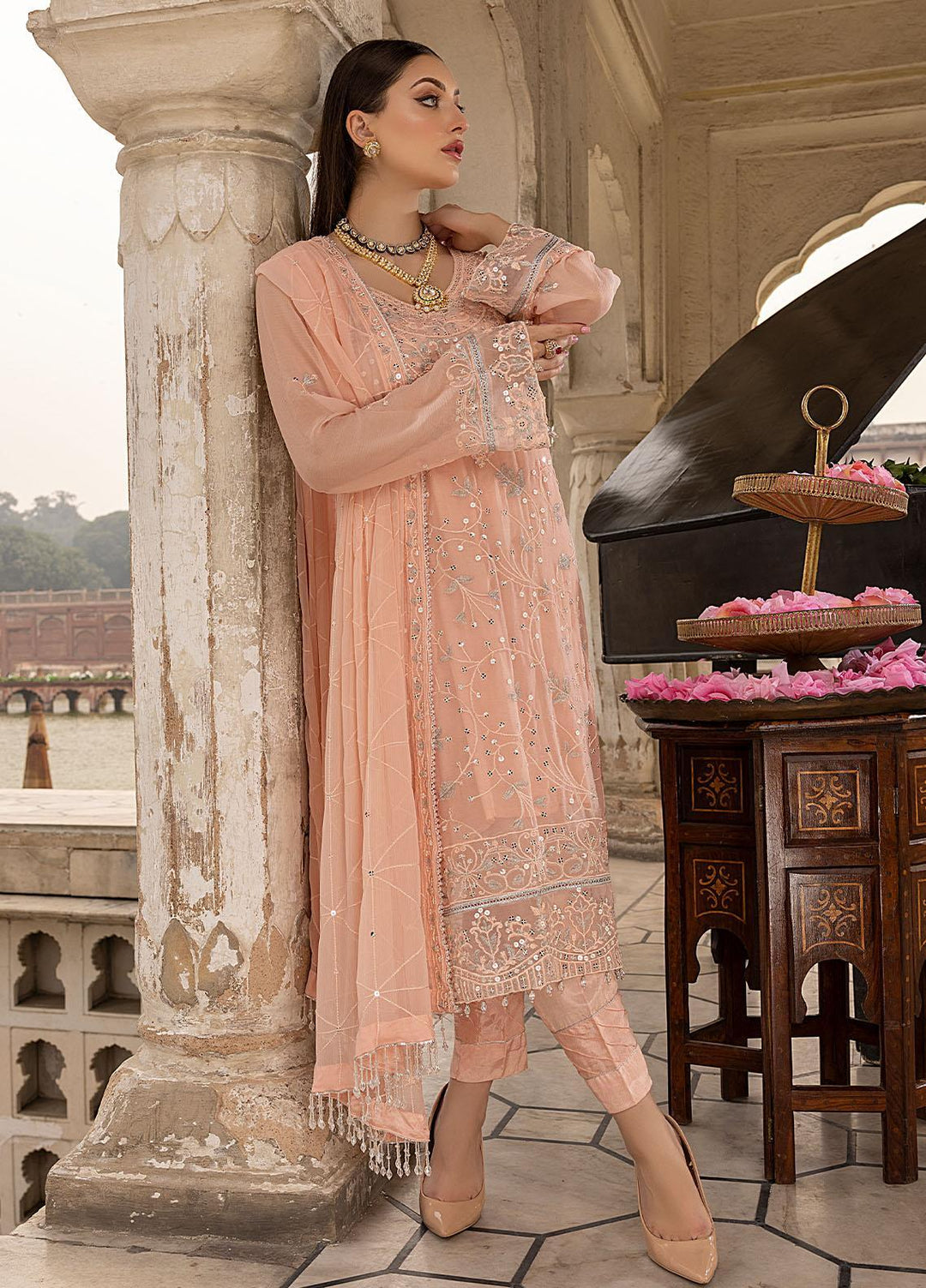 Merakish By Shahzeb Textiles Embroidered Chiffon Suits Unstitched 3 Piece ST22-MK3 Bisque Peach - Luxury Collection