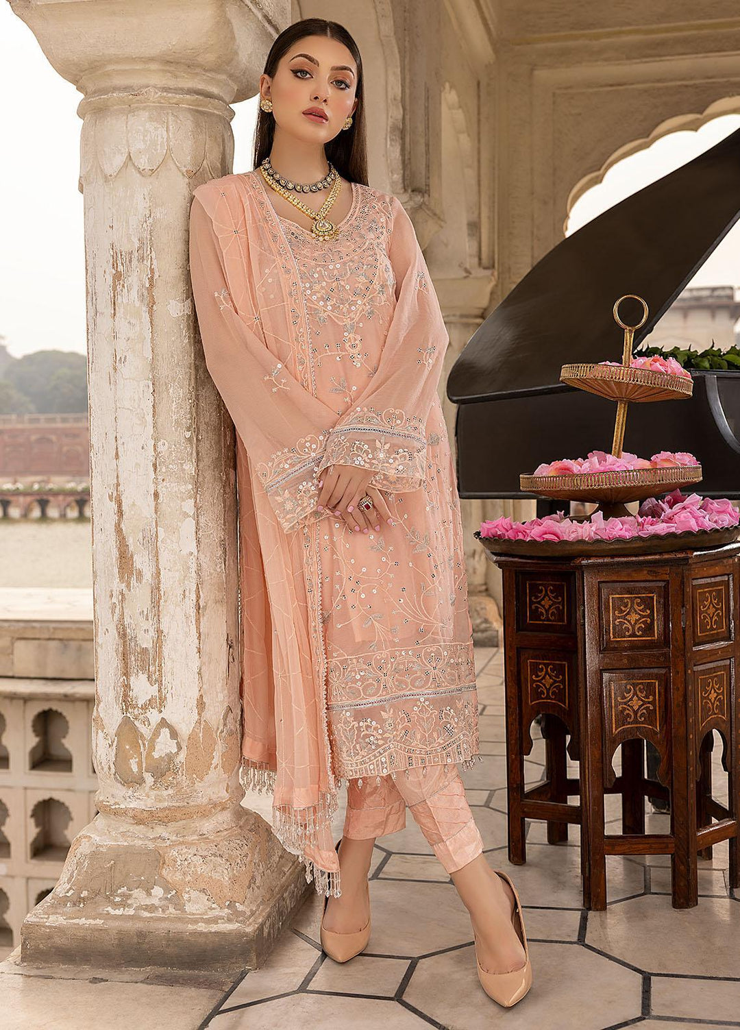 Merakish By Shahzeb Textiles Embroidered Chiffon Suits Unstitched 3 Piece ST22-MK3 Bisque Peach - Luxury Collection