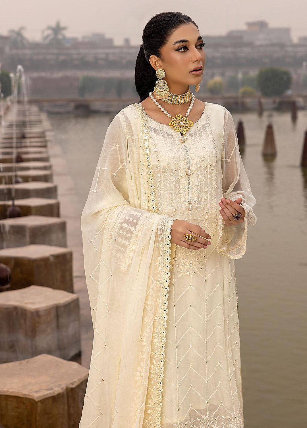 Merakish By Shahzeb Textiles Embroidered Chiffon Suits Unstitched 3 Piece ST22-MK3 Ivory White - Luxury Collection
