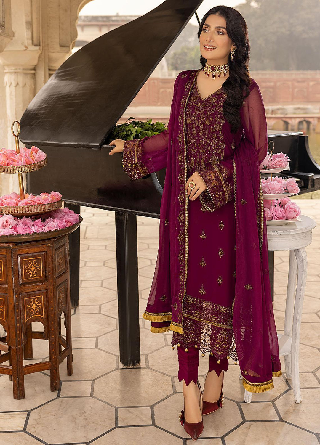 Merakish By Shahzeb Textiles Embroidered Chiffon Suits Unstitched 3 Piece ST22-MK3 Mulberry Grape - Luxury Collection