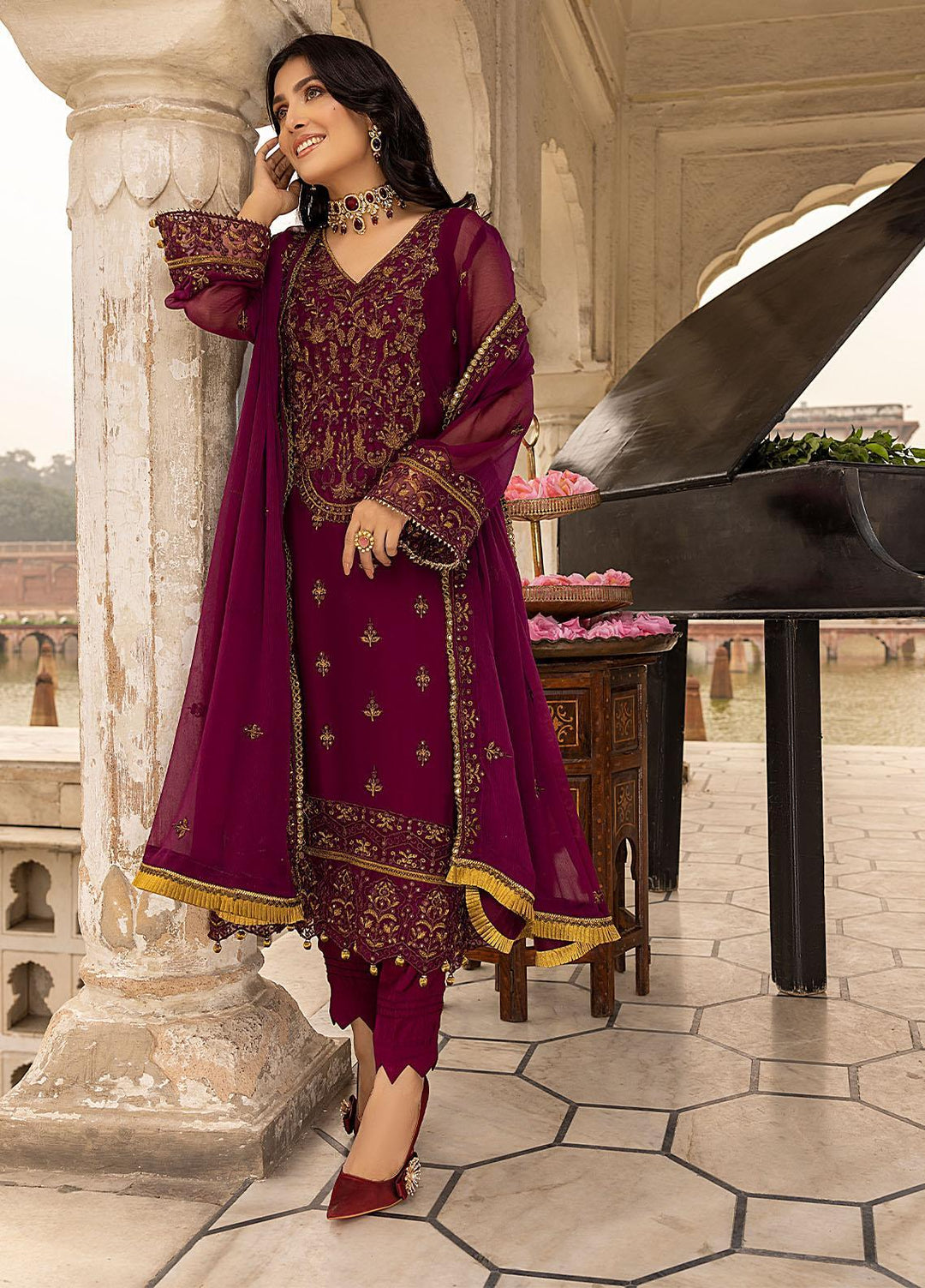 Merakish By Shahzeb Textiles Embroidered Chiffon Suits Unstitched 3 Piece ST22-MK3 Mulberry Grape - Luxury Collection