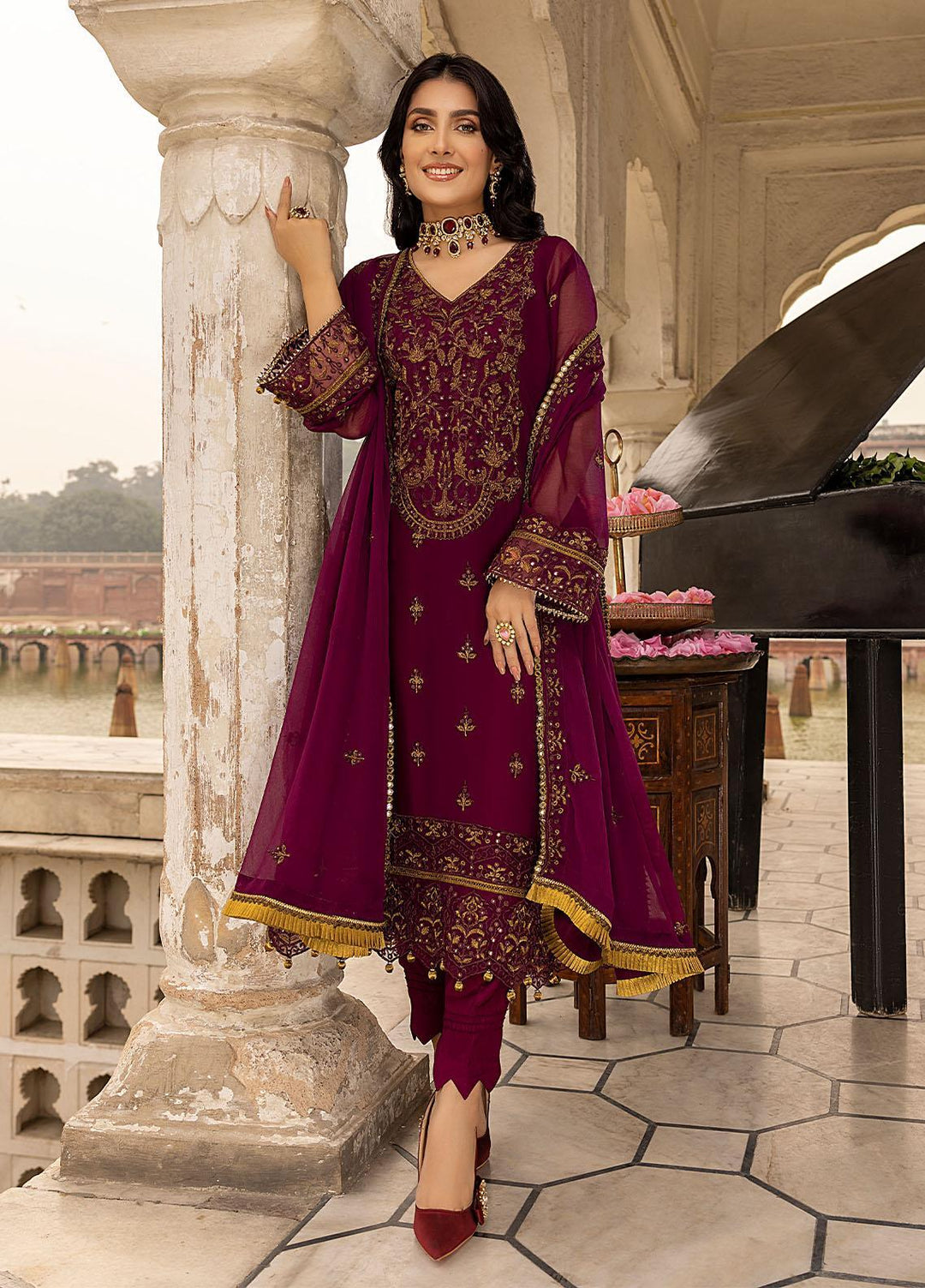 Merakish By Shahzeb Textiles Embroidered Chiffon Suits Unstitched 3 Piece ST22-MK3 Mulberry Grape - Luxury Collection