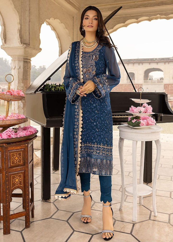 Merakish By Shahzeb Textiles Embroidered Chiffon Suits Unstitched 3 Piece ST22-MK3 Prussian Blue - Luxury Collection