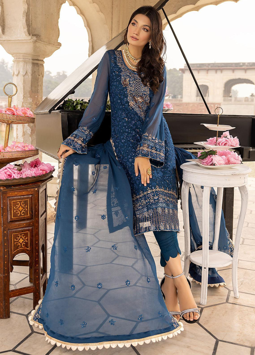 Merakish By Shahzeb Textiles Embroidered Chiffon Suits Unstitched 3 Piece ST22-MK3 Prussian Blue - Luxury Collection