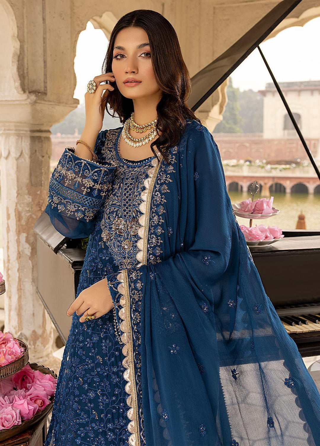 Merakish By Shahzeb Textiles Embroidered Chiffon Suits Unstitched 3 Piece ST22-MK3 Prussian Blue - Luxury Collection