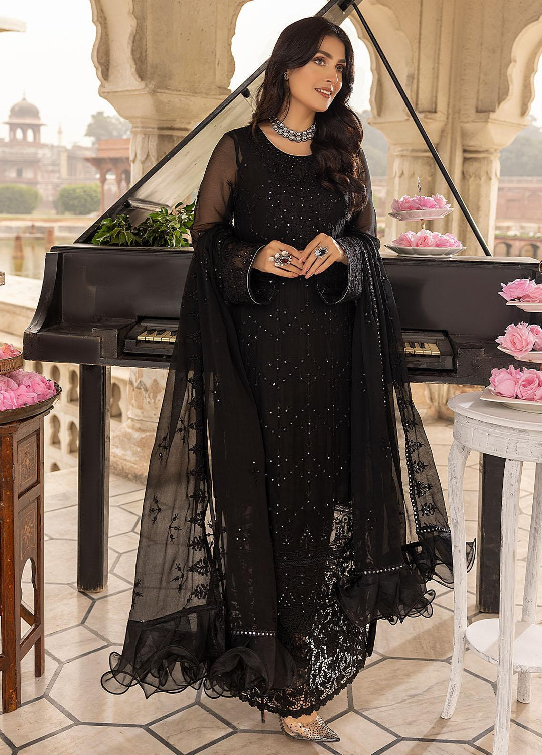 Merakish By Shahzeb Textiles Embroidered Chiffon Suits Unstitched 3 Piece ST22-MK3 Smokey Black - Luxury Collection