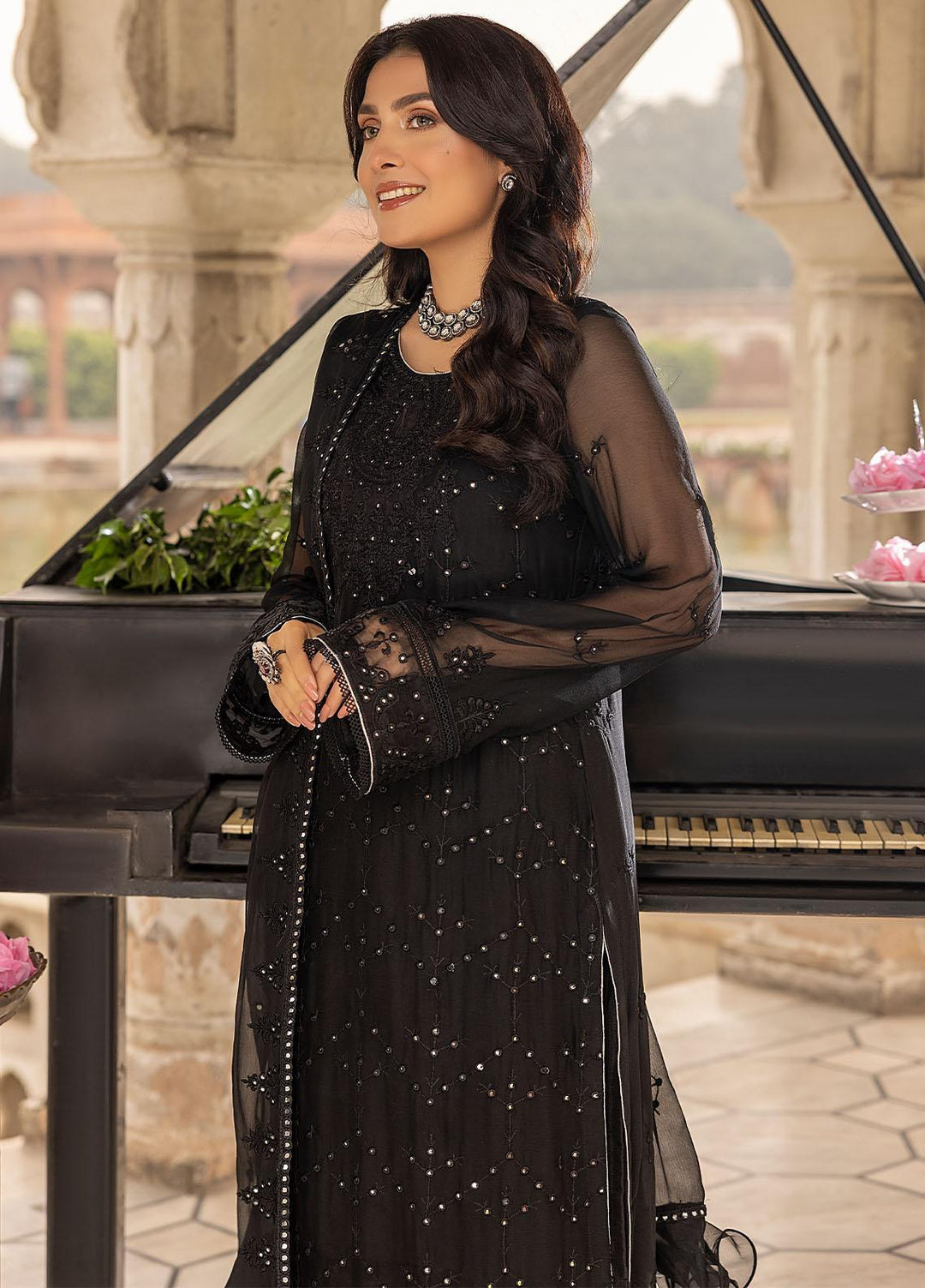 Merakish By Shahzeb Textiles Embroidered Chiffon Suits Unstitched 3 Piece ST22-MK3 Smokey Black - Luxury Collection