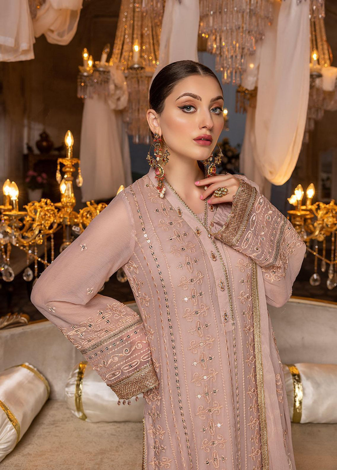 Shahzeb Textiles Pret Embroidered Chiffon 3 Piece Suit Tea Rose