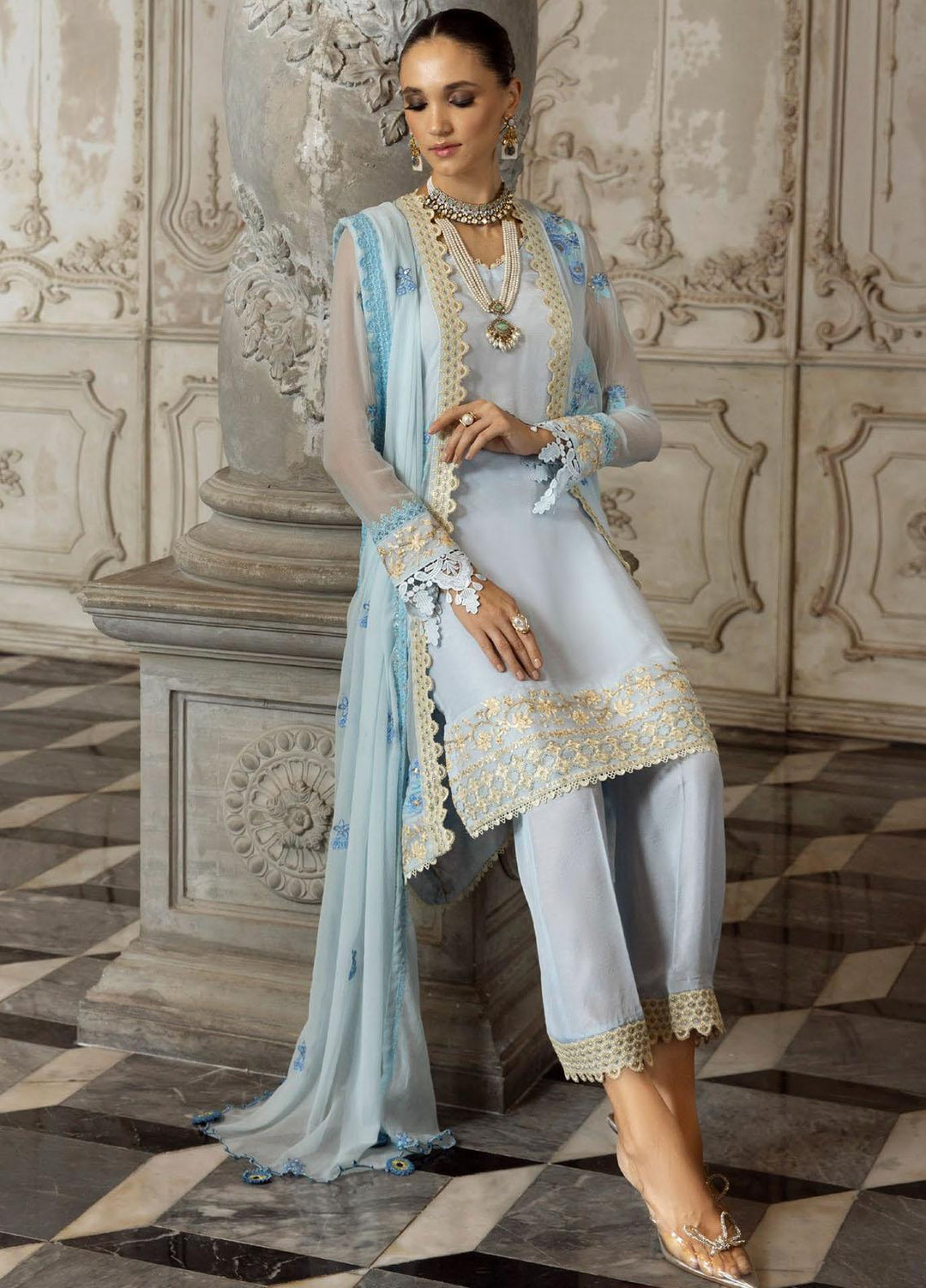 Merakish By Shahzeb Textiles Embroidered Chiffon Suits Unstitched 3 Piece ST23MKULC Baby Blue - Luxury Collection