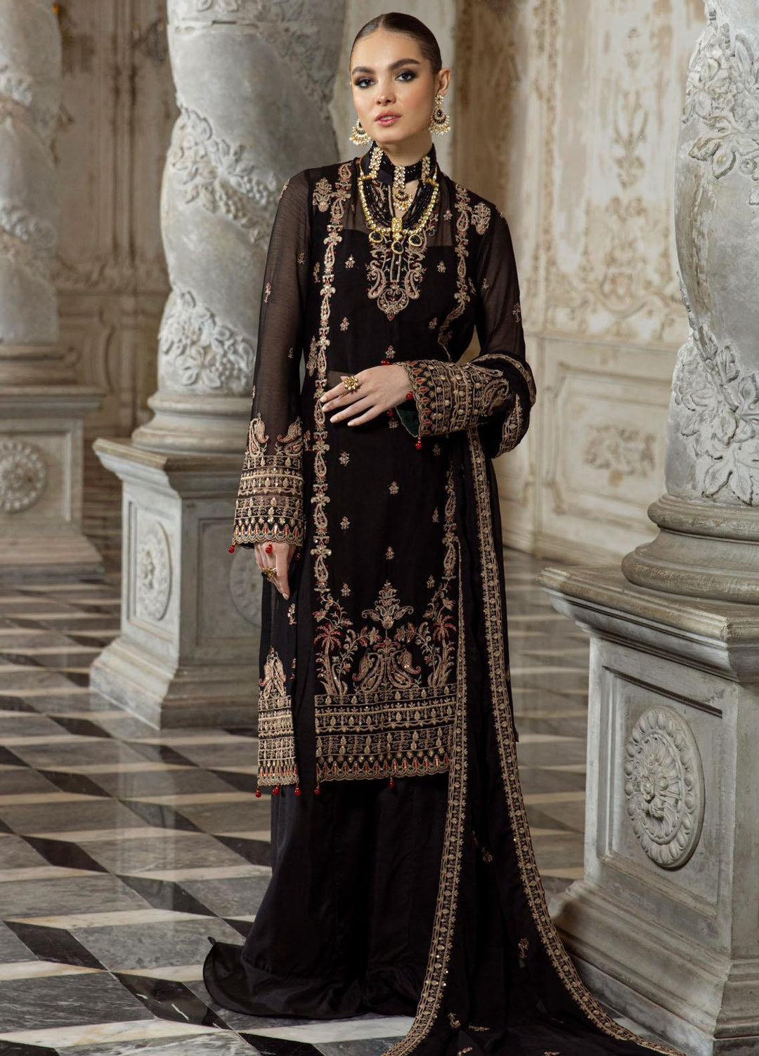 Merakish By Shahzeb Textiles Embroidered Chiffon Suits Unstitched 3 Piece ST23MKULC Rich Black - Luxury Collection