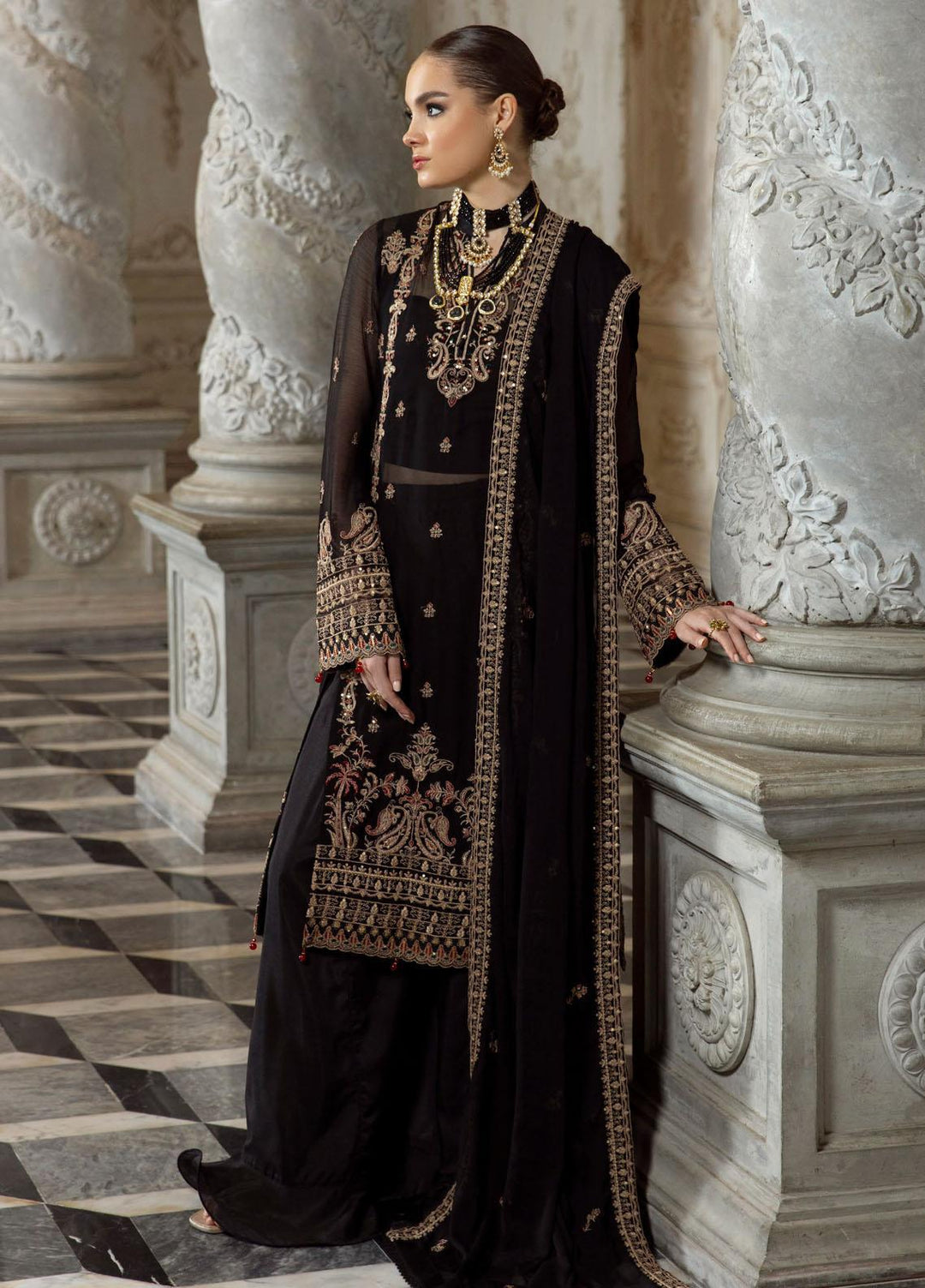 Merakish By Shahzeb Textiles Embroidered Chiffon Suits Unstitched 3 Piece ST23MKULC Rich Black - Luxury Collection