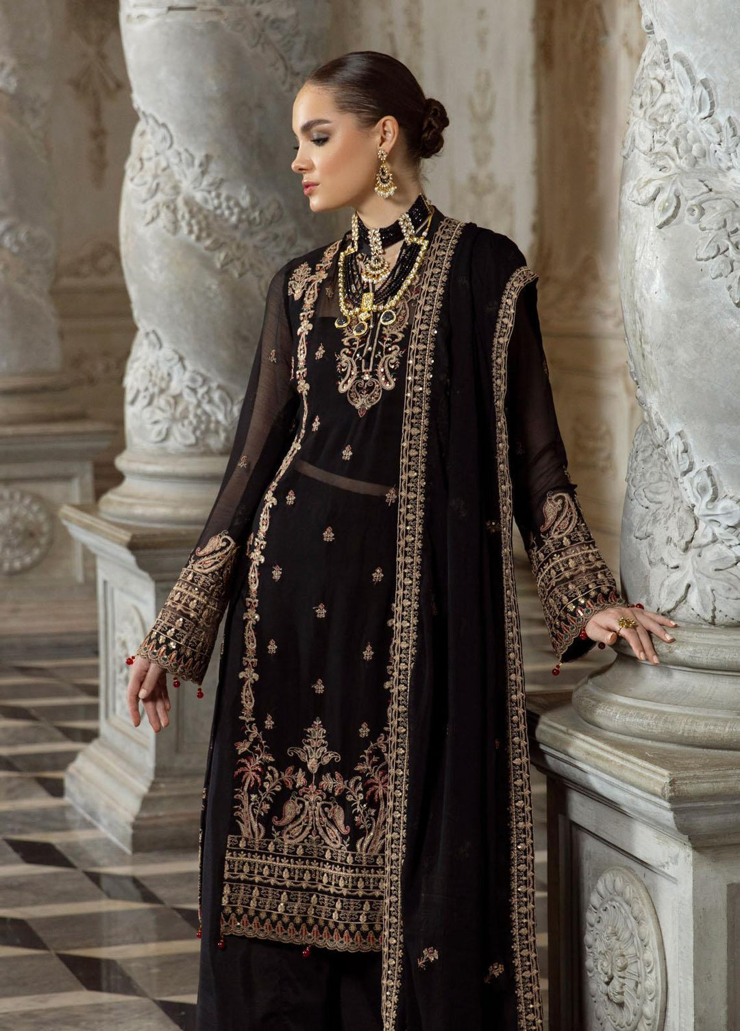 Merakish By Shahzeb Textiles Embroidered Chiffon Suits Unstitched 3 Piece ST23MKULC Rich Black - Luxury Collection